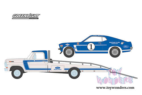 Greenlight - Heavy Duty Trucks Series 15 | Ford Performance 1969 F-350 Ramp Truck with Mustang Clubs Racing Team #1 1969 Ford Mustang Boss 302 (1969, 1/64 scale diecast model car, Blue/White) 33150A/48