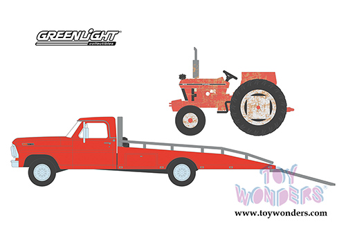 Greenlight - Heavy Duty Trucks Series 16 | 1969 F-350 Ramp Truck with Unrestored 1958 Ford 5610 Tractor (1958, 1969, 1/64 scale diecast model car, Red) 33160A/48