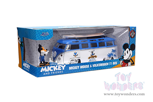 Jada Toys - Volkswagen T1 Bus with Surfboard and Mickey Mouse Diecast Figure (1/24, diecast model car, Blue/White) 33179