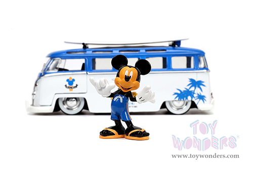 Jada Toys - Volkswagen T1 Bus with Surfboard and Mickey Mouse Diecast Figure (1/24, diecast model car, Blue/White) 33179