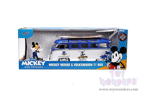 Jada Toys - Volkswagen T1 Bus with Surfboard and Mickey Mouse Diecast Figure (1/24, diecast model car, Blue/White) 33179