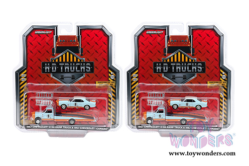 Greenlight - Heavy Duty Trucks Series 18 | Chevrolet&reg; C-30 Ramp Truck and Chevrolet&reg; Camaro&reg; #6 Gulf Oil (1967, 1/64 scale diecast model car, Light Blue/Orange) 33180A/48