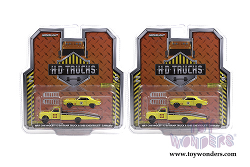 Greenlight - Heavy Duty Trucks Series 20 | Chevrolet® C-30 Ramp Truck and Chevrolet® Camaro® #28 Shell Oil (1967, 1969, 1/64 scale diecast model car, Yellow/Red) 33200A/48