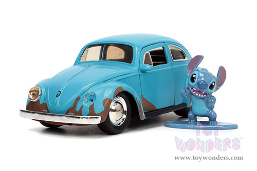 Jada Toys Hollywood Rides - "Lilo and Stitch" Volkswagen Beetle (Weathered) with Stitch Diecast Figurine (1/32 scale diecast model car, Matte Blue) 33251