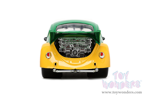 Jada Toys - Hollywood Rides | Volkswagen Drag Beetle with Michelangelo Diecast Figure "Teenage Mutant Ninja Turtles" (1959, 1/24, diecast model car, Green/Yellow) 33741