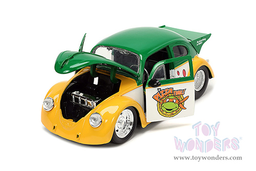 Jada Toys - Hollywood Rides | Volkswagen Drag Beetle with Michelangelo Diecast Figure "Teenage Mutant Ninja Turtles" (1959, 1/24, diecast model car, Green/Yellow) 33741