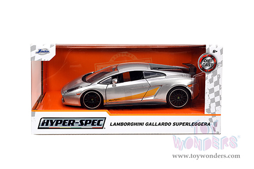 Jada Toys Hyper-Spec - Lamborghini Gallardo Superleggera Hardtop (1/24 scale diecast model car, Silver with Yellow stripes) 34027