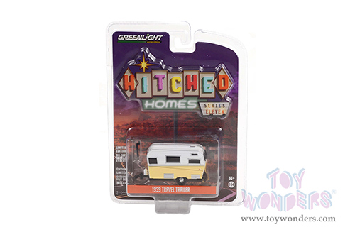 Greenlight - Hitched Homes Series 11 | Siesta Travel Trailer (1959, 1/64 scale diecast model car, White/Yellow) 34110A/48