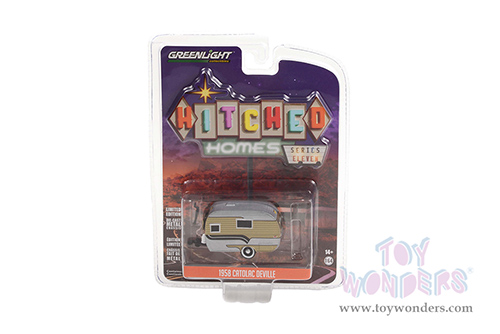 Greenlight - Hitched Homes Series 11 | Catolac DeVille Travel Trailer (1958, 1/64 scale diecast model car, Gold/Aluminum/Black) 34110B/48