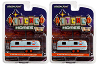 Greenlight - Hitched Homes Series 12 | Airstream Double-Axle Land Yacht Safari Custom Travel Trailer (1971, 1/64 scale diecast model car, Light Blue with Orange Stripes) 34120B/48