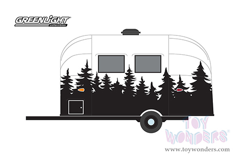 Greenlight - Hitched Homes Series 12 | Airstream 16’ Bambi Travel Trailer (1961, 1/64 scale diecast model car, White with Black Forest Mural) 34120E/48