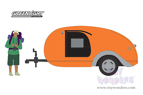 Greenlight - Hitched Homes Series 13 | Teardrop Trailer with Backpacker Figure (1/64 scale diecast model car, Bright Orange/Silver) 34130F/48