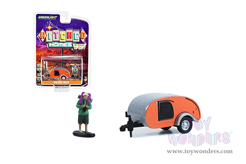 Greenlight - Hitched Homes Series 13 | Teardrop Trailer with Backpacker Figure (1/64 scale diecast model car, Bright Orange/Silver) 34130F/48