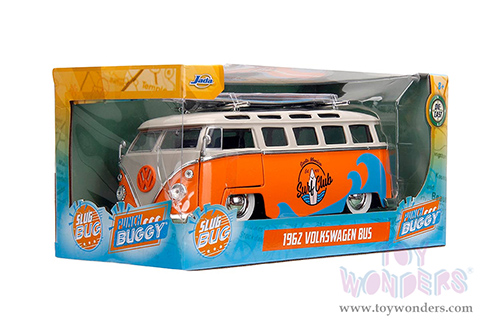 Jada Toys - Volkswagen Bus "Punch Buggy" Santa Monica Surf Club with Roof Rack and Surfboard (1962, 1/24 scale diecast model car, Orange w/ White) 34231/4
