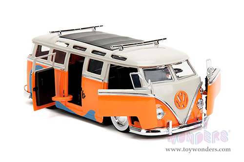 Jada Toys - Volkswagen Bus "Punch Buggy" Santa Monica Surf Club with Roof Rack and Surfboard (1962, 1/24 scale diecast model car, Orange w/ White) 34231/4