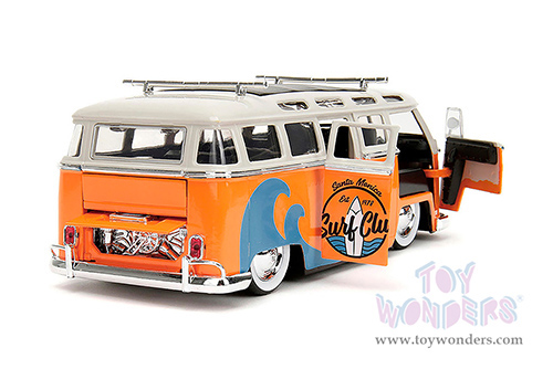 Jada Toys - Volkswagen Bus "Punch Buggy" Santa Monica Surf Club with Roof Rack and Surfboard (1962, 1/24 scale diecast model car, Orange w/ White) 34231/4