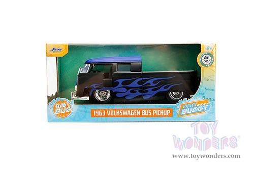 Jada Toys - Volkswagen Bus "Punch Buggy" Pickup Truck (1963, 1/24 scale diecast model car, Matte Black/Blue Top/Blue flames) 34232/4