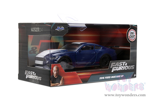 Jada Toys Fast & Furious - Ford Mustang GT F9 (2016, 1/32 scale diecast model car, Metallic Blue/W White Stripe) 34447