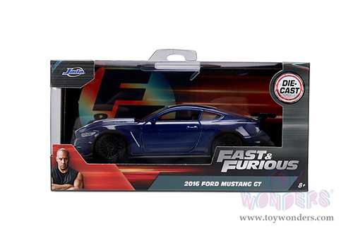 Jada Toys Fast & Furious - Ford Mustang GT F9 (2016, 1/32 scale diecast model car, Metallic Blue/W White Stripe) 34447
