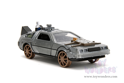 Jada Toys - Hollywood Rides | DeLorean DMC (Time Machine) Train Wheel Version "Back to the Future Part III" (1990) Movie (1/32 scale diecast model car, Brush Metal) 34786