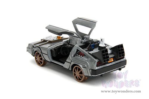 Jada Toys - Hollywood Rides | DeLorean DMC (Time Machine) Train Wheel Version "Back to the Future Part III" (1990) Movie (1/32 scale diecast model car, Brush Metal) 34786