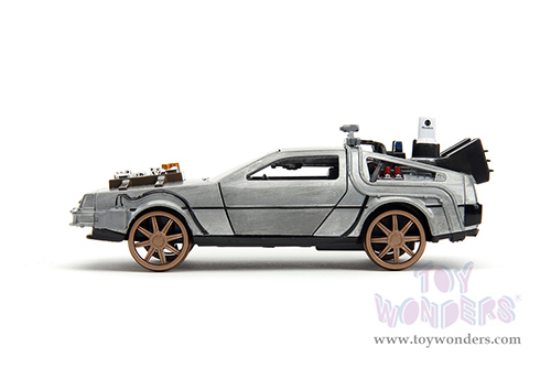 Jada Toys - Hollywood Rides | DeLorean DMC (Time Machine) Train Wheel Version "Back to the Future Part III" (1990) Movie (1/32 scale diecast model car, Brush Metal) 34786