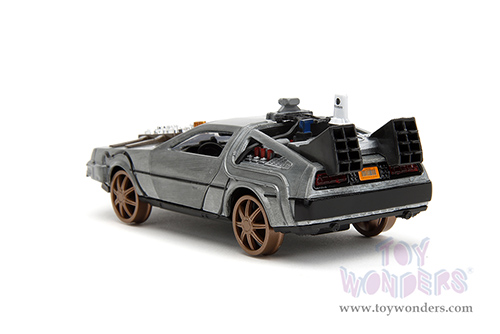 Jada Toys - Hollywood Rides | DeLorean DMC (Time Machine) Train Wheel Version "Back to the Future Part III" (1990) Movie (1/32 scale diecast model car, Brush Metal) 34786