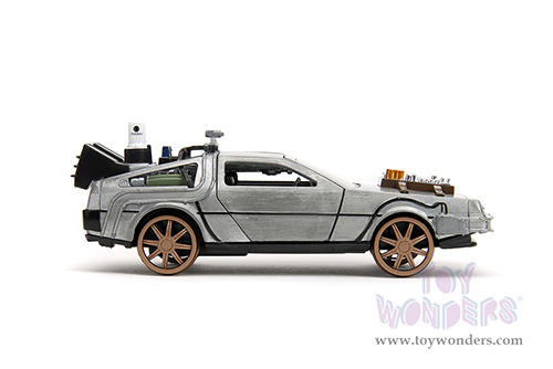 Jada Toys - Hollywood Rides | DeLorean DMC (Time Machine) Train Wheel Version "Back to the Future Part III" (1990) Movie (1/32 scale diecast model car, Brush Metal) 34786