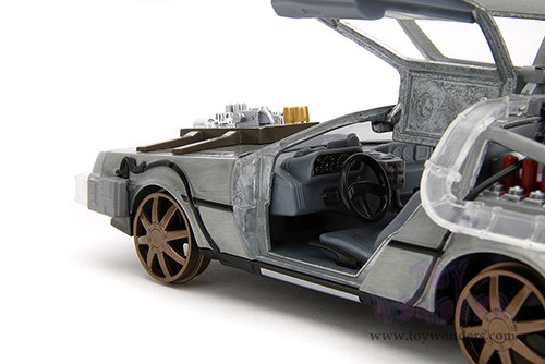Jada Toys - Hollywood Rides | Back to the Future Part III De Lorean Time Machine with lights - Train Wheel Version (1/24 scale diecast model car, Brush Metal) 34996/4