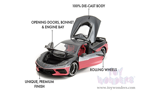 Jada Toys Pink Slips - Chevrolet® Corvette® Stingray™ with Display Base (2020, 1/24 scale diecast model car, Metallic Gray/Pink) 35068