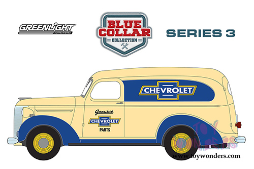 Greenlight - Blue Collar Collection Series 3 | Chevrolet&reg; Panel Truck Genuine Chevrolet&reg; Parts (1939, 1/64 scale diecast model car, Yellow/Blue) 35080A/48