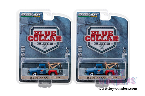 Greenlight - Blue Collar Collection Series 4 | Ford F-100 Tow Truck Gulf Oil Mel's Garage (1956, 1/64 scale diecast model car, Blue) 35100A/48