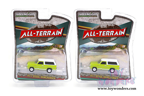 Greenlight - All Terrain Series 10 | Dodge Ramcharger with 4x4 Stripe Kit (1977, 1/64 scale diecast model car, Bright Green/White) 35170B/48