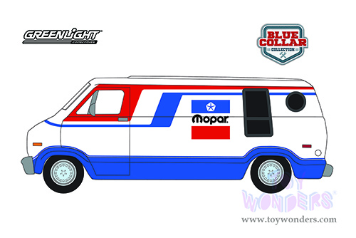Greenlight - Blue Collar Collection Series 9 | Dodge B-100 - MOPAR (1976, 1/64 scale diecast model car, Red/Blue/White) 35200C/48