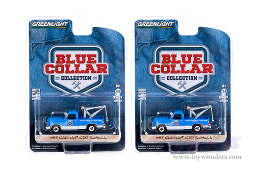 Greenlight - Blue Collar Collection Series 9 | Chevrolet&reg; C20 Scottsdale with Drop-In Tow Hook - Chevron (1983, 1/64 scale diecast model car, Blue/White) 35200D/48