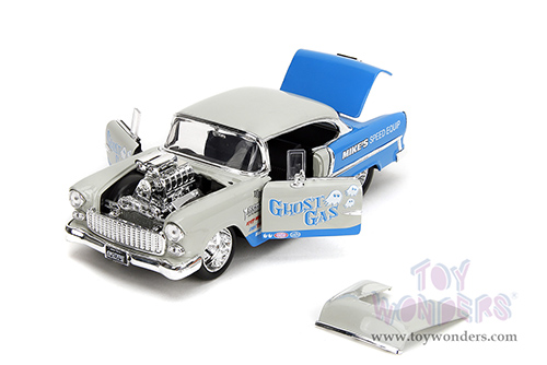 Jada Toys Bigtime Muscle - Chevrolet® Bel Air® "Ghost Gas - Mike's Speed Equip" Hardtop (1955, 1/24 scale diecast model car, Light Gray/Blue) 35211