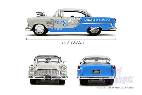 Jada Toys Bigtime Muscle - Chevrolet® Bel Air® "Ghost Gas - Mike's Speed Equip" Hardtop (1955, 1/24 scale diecast model car, Light Gray/Blue) 35211