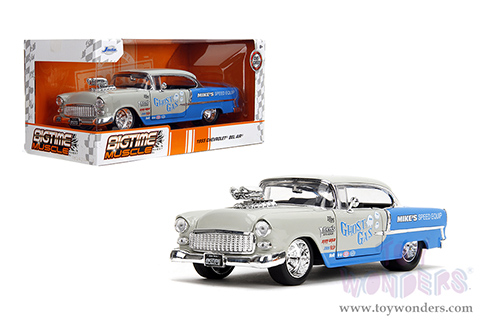 Jada Toys Bigtime Muscle - Chevrolet® Bel Air® "Ghost Gas - Mike's Speed Equip" Hardtop (1955, 1/24 scale diecast model car, Light Gray/Blue) 35211