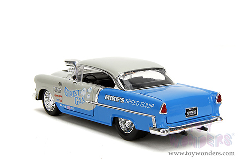 Jada Toys Bigtime Muscle - Chevrolet® Bel Air® "Ghost Gas - Mike's Speed Equip" Hardtop (1955, 1/24 scale diecast model car, Light Gray/Blue) 35211