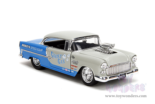 Jada Toys Bigtime Muscle - Chevrolet® Bel Air® "Ghost Gas - Mike's Speed Equip" Hardtop (1955, 1/24 scale diecast model car, Light Gray/Blue) 35211