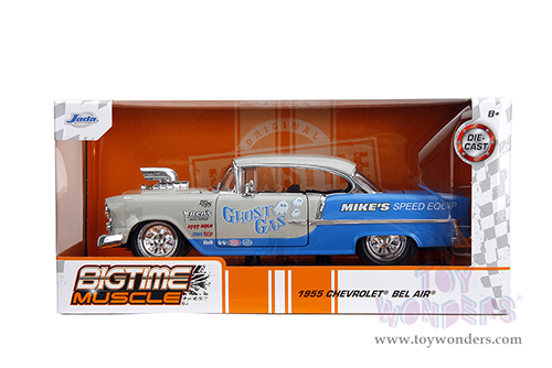 Jada Toys Bigtime Muscle - Chevrolet® Bel Air® "Ghost Gas - Mike's Speed Equip" Hardtop (1955, 1/24 scale diecast model car, Light Gray/Blue) 35211