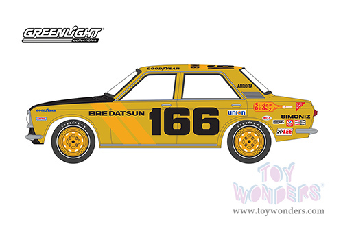 Greenlight - All Terrain Series 13 | Datsun 510 4-Door Sedan #166 BRE "Brock Racing Enterprises" (1973, 1/64 scale diecast model car, Yellow) 35230B/48