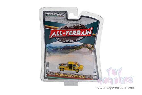 Greenlight - All Terrain Series 13 | Datsun 510 4-Door Sedan #166 BRE "Brock Racing Enterprises" (1973, 1/64 scale diecast model car, Yellow) 35230B/48