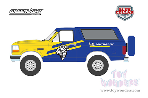 Greenlight - Blue Collar Collection Series 11 | Ford Bronco XL - Michelin Tires (1996, 1/64 scale diecast model car, Blue/Yellow) 35240D/48