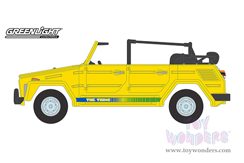Greenlight - All Terrain Series 14 | Volkswagen&reg; Thing (Type 181) "The Thing” (1973, 1/64 scale diecast model car, Yellow with Blue and Green Strobe Stripes) 35250A/48
