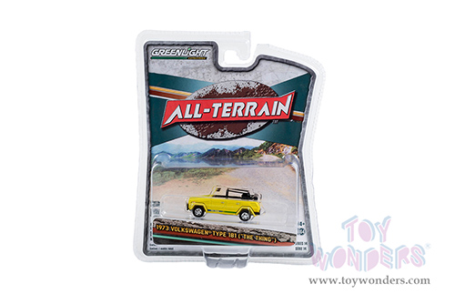 Greenlight - All Terrain Series 14 | Volkswagen&reg; Thing (Type 181) "The Thing” (1973, 1/64 scale diecast model car, Yellow with Blue and Green Strobe Stripes) 35250A/48