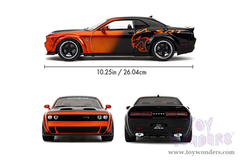 Jada Toys Pink Slips - Dodge Challenger SRT Hellcat Redeye Widebody with Display Base (2015, 1/18 scale diecast model car, Orange/Black) 35722