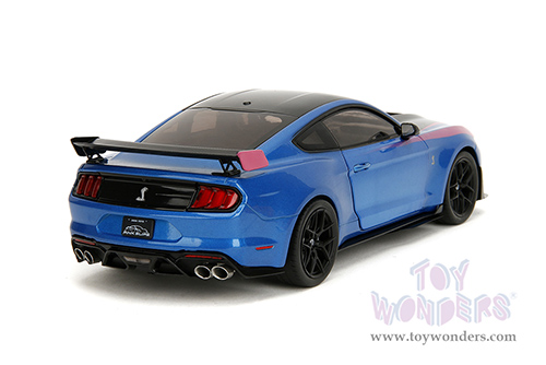 Jada Toys Pink Slips - Ford Mustang Shelby® GT500® with Display Base (2020, 1/18 scale diecast model car, Blue/Black with Pink stripes) 35723