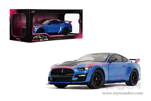 Jada Toys Pink Slips - Ford Mustang Shelby® GT500® with Display Base (2020, 1/18 scale diecast model car, Blue/Black with Pink stripes) 35723