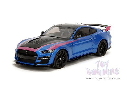 Jada Toys Pink Slips - Ford Mustang Shelby® GT500® with Display Base (2020, 1/18 scale diecast model car, Blue/Black with Pink stripes) 35723